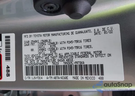 2022 Toyota Tacoma Sr from USA, damaged, VIN 3TYAX5GNXNT045339